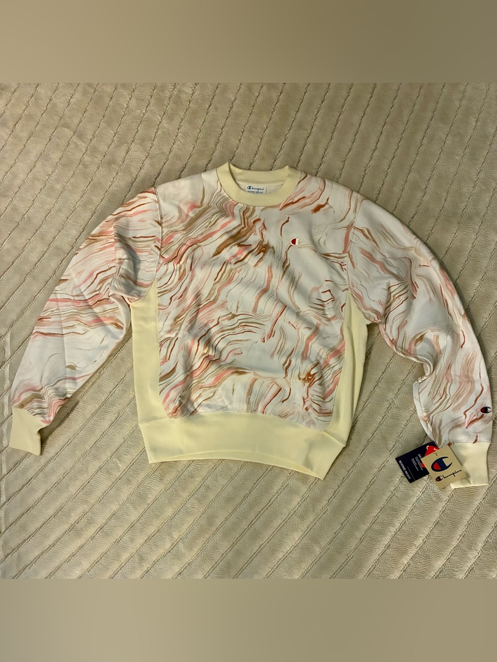 Champion Women S NWT Marble Crewneck Sweatshirt White/Cream & Pink/Brown Accents